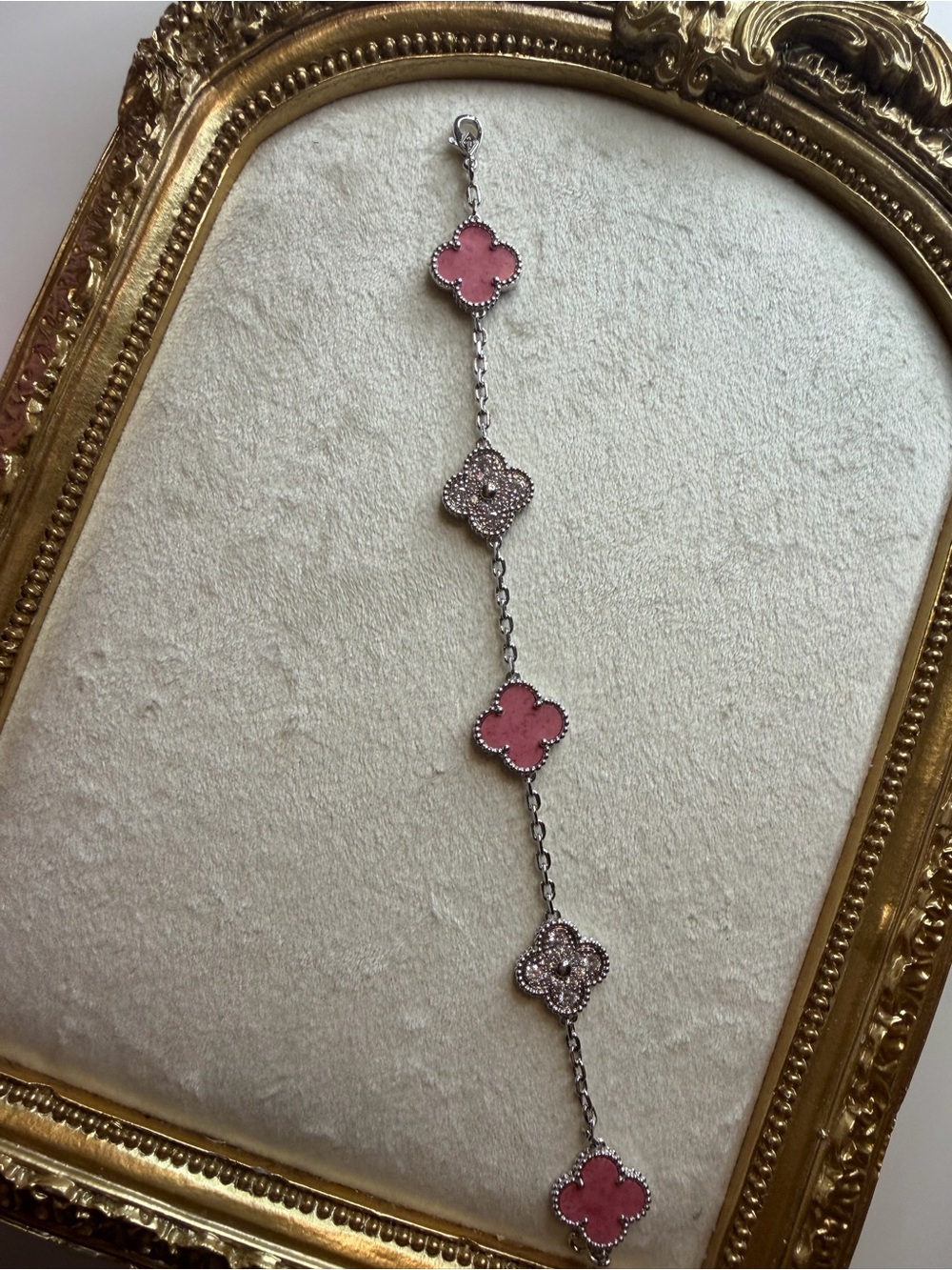 Source Unknown Pink Clover Motif Silver-Tone Bracelet